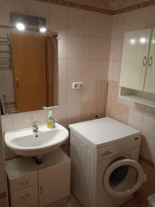 uma casa de banho com um lavatório, um WC e um espelho. em Family apartment-családias hangulat em Győr