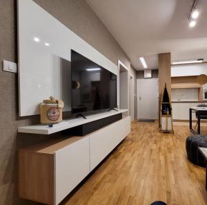 a living room with a large flat screen tv at Apartment Ornament Lux in Vrnjačka Banja