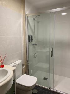 een badkamer met een douche, een toilet en een wastafel bij Ponte Canedo in Ourense