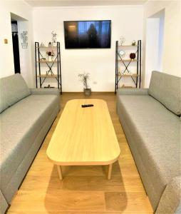 a living room with two couches and a coffee table at Cosy Apart Busteni in Buşteni +5 photos