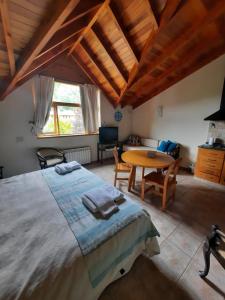 Un dormitorio con una cama grande y una mesa. en Monoambiente amplio con piscina, en San Martín de los Andes 9 fotos más