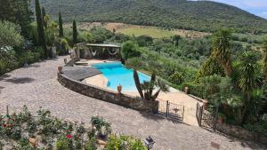 una piscina in un giardino con una montagna sullo sfondo di Villa Le Agavi & Spa a Scarlino