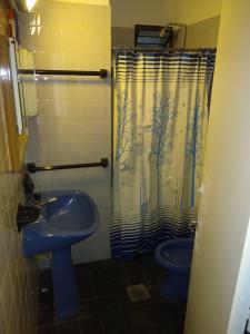 a bathroom with a sink and a toilet and a shower curtain at Casa de montaña Manantiales-Nazareth in Potrerillos