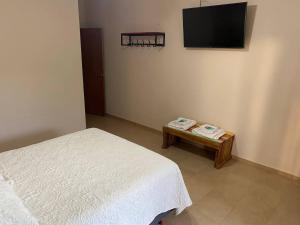 a room with a bed and a table and a flat screen tv at Altos del TALAMPAYA in Villa Unión