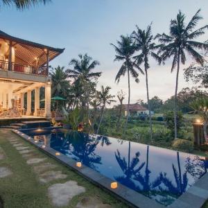 a swimming pool in front of a house with palm trees at Mangkun Villa Ubud 2 in Ubud