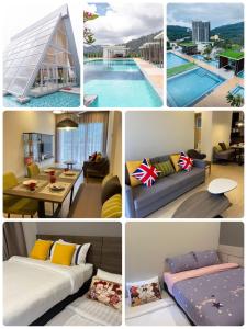 a collage of photos of a hotel room with a pool at Genting Windmill Amazing Sky Pool 2bedroom With Aircon Wi-Fi in Genting Highlands