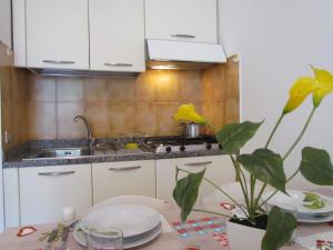een keuken met een wastafel en een tafel met een plant bij Holiday in Bibione by the beach - Beahost in Bibione