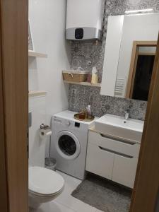 een badkamer met een wasmachine en een wastafel bij Stefan Apartment in Bijeljina