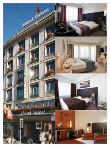 a collage of four pictures of a hotel at Hotel Suisse in Geneva
