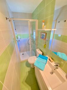 y baño con aseo, ducha y lavamanos. en APPARTEMENT DUPLEX - 100M DE LA PLAGE DE ST CLAIR, en Le Lavandou