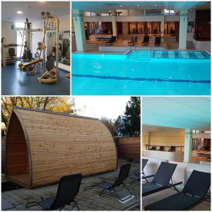 un collage de fotos de una piscina y una casa en Apartment Abendrot en Sankt Englmar