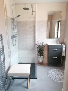 ein Bad mit einer Dusche, einer Bank und einem Waschbecken in der Unterkunft No 12 B&B in Dungarvan