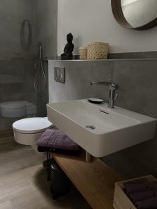 een badkamer met een witte wastafel en een toilet bij Ferienhof Timmerloher Heide in Soltau