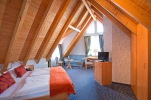 ein Schlafzimmer mit einem Bett und einem Schreibtisch in einem Zimmer in der Unterkunft Hotel Post Jungingen in Jungingen