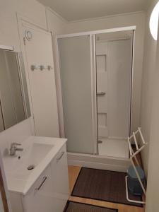 La salle de bains blanche est pourvue d'une douche et d'un lavabo. dans l'établissement Grand Duplex, 6 personnes, à Besse-et-Saint-Anastaise