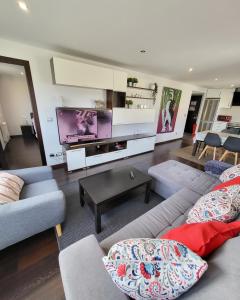 a living room with two couches and a flat screen tv at A 50 metros del Paseo Marítimo in A Coruña