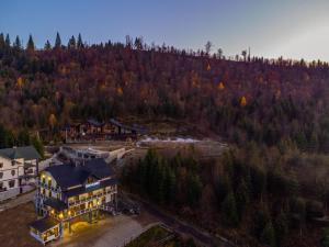 uma vista aérea de uma casa no meio de uma floresta em Севеней Готель em Bukovel