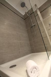 La salle de bains est pourvue d'une douche et de toilettes. dans l'établissement Hôtel Restaurant les Pielettes, à Le Rove
