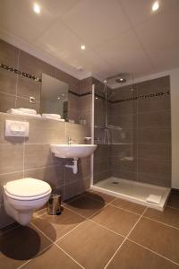 ein Bad mit einem WC, einem Waschbecken und einer Dusche in der Unterkunft Hôtel Restaurant les Pielettes in Le Rove
