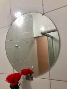 a mirror on a wall with red flowers in a bathroom at Lapa II Cultura Museus e Praias no Centro GR in Rio de Janeiro