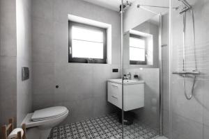 a bathroom with a toilet and a shower and a sink at Zakopane Apartamenty 4 Seasons in Zakopane +44 photos