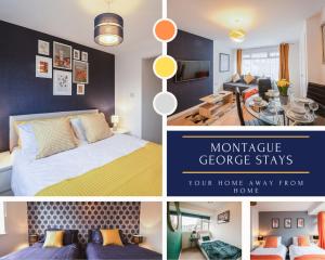 a collage of photos of a bedroom with a bed and a living room at City Centre-Free Parking-2mins from Station in Canterbury