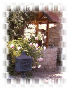 a picture of a vase with pink roses in it at Gästezimmer am Märchenbrunnen in Lockwitz