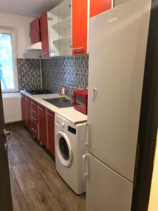 een keuken met een koelkast en een wasmachine bij Jane House 2 in Boekarest