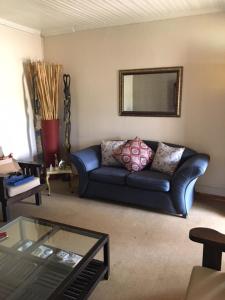 a living room with a blue couch and a mirror at Bloekomhuis in Smithfield