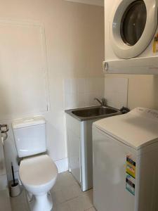 La petite salle de bains est pourvue de toilettes et d'un lavabo. dans l'établissement RIVERSIDE CITY VIEW PARKING NETFLIX WIFI WINE FREE, à Perth