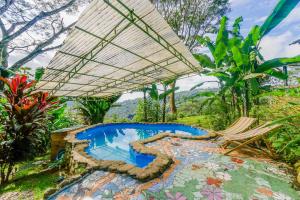 an outdoor swimming pool with a large umbrella and chairs at Edge of the World in Dominical