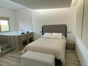 1 dormitorio con cama y bañera en CASA SUITE JTG, en Alicante