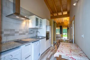 a kitchen with a dog sitting in the middle of it at Apartamentos Rurales Miramar in Pimiango