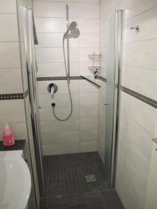 y baño con ducha y aseo. en Gästezimmer 3, en Angersbach