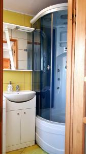 W łazience znajduje się umywalka i prysznic. w obiekcie Old Town Apartment w mieście Telsze