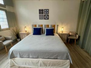 ein Schlafzimmer mit einem großen weißen Bett mit blauen Kissen in der Unterkunft Maison de Roche-Uzès Centre Historique L' Ucetia in Uzès