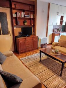 uma sala de estar com um sofá e uma mesa de centro em Center 1 Podgorica em Podgorica
