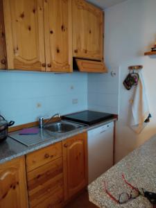 a kitchen with wooden cabinets and a sink at La casa di Grace nella valle incantantata in Carano