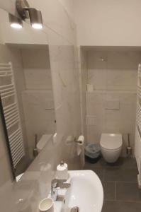 une salle de bain avec un lavabo blanc et des toilettes dans l'établissement Cozy new apartment near Hannovermarkt, à Vienne