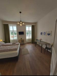 - une grande chambre avec un lit et une table dans l'établissement Cozy new apartment near Hannovermarkt, à Vienne
