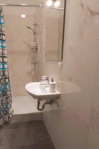 une salle de bain blanche avec lavabo et douche dans l'établissement Cozy new apartment near Hannovermarkt, à Vienne