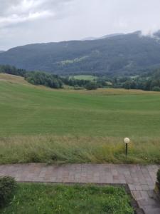 una vista de un campo con una pelota de golf en el césped en La casa di Grace nella valle incantantata, en Carano
