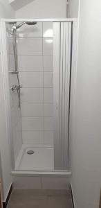 een douche met een glazen deur in de badkamer bij Pension Italia in Lübeck