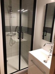a bathroom with a glass shower and a sink at Appartement ski Station Val Louron - Au pied des pistes - 4 - 6 personnes in Génos