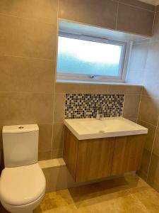 a bathroom with a toilet and a sink and a window at Claire's Townhouse, Aberdeenshire, 3 bedrooms in Oldmeldrum