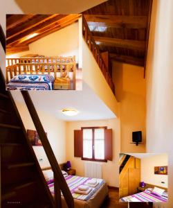 2 fotos de un dormitorio con litera y escaleras en Hostal Musunzar, en Leitza