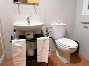 a white toilet sitting next to a sink in a bathroom at Apartamentos El Puente in Madrid