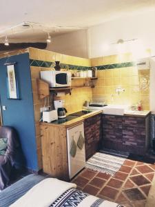 uma pequena cozinha com um lavatório e um micro-ondas em Petit Gîte avec SPA en Ariege Montagnes des Pyrénées em Péreille