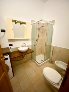 a bathroom with a shower and a toilet and a sink at Monolocale sulle piste da sci in Pila