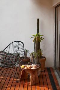 a patio with a chair and a table with plants at La Valise Mexico City in Mexico City
